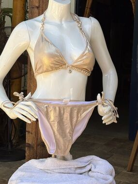 Metallic Gold Bikini Set - Triangle Top & Tie-Side Bottoms